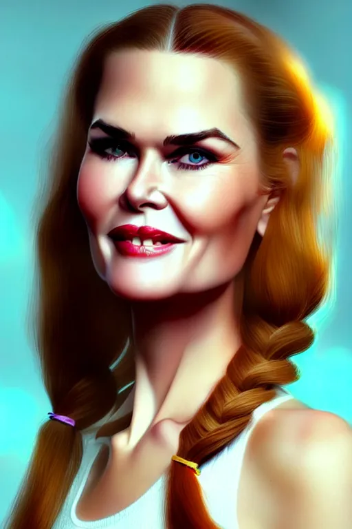 Image similar to mix of beautiful young maria shriver, mariel hemmingway, brooke shields, nicole kidman and elle macpherson as a snake girl with fangs, thin lips, hair tied up in a pony tail, dark blonde hair, colorful, artstation, cgsociety