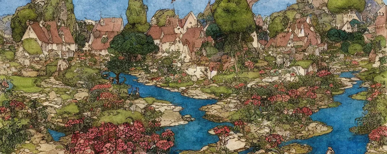 Image similar to a river running through a medieval village, summer, beautiful colors, by warwick goble, kay nielsen, award winning, highly detailed