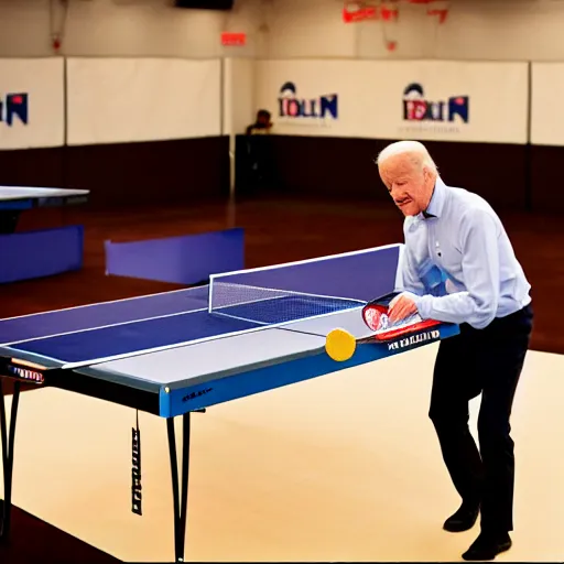 Image similar to joe biden playing extreme table tennis, award winning sports photography