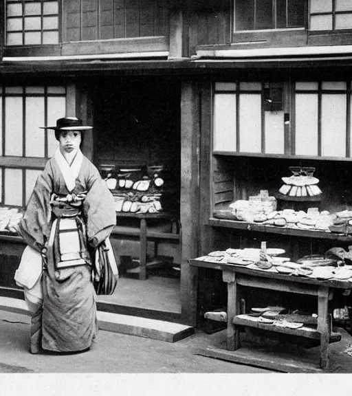 Image similar to 1 8 th century japanese street market in kyoto 1 9 0 0 s early photography portrait anthro anthropomorphic deer head animal person fursona wearing clothes street trader