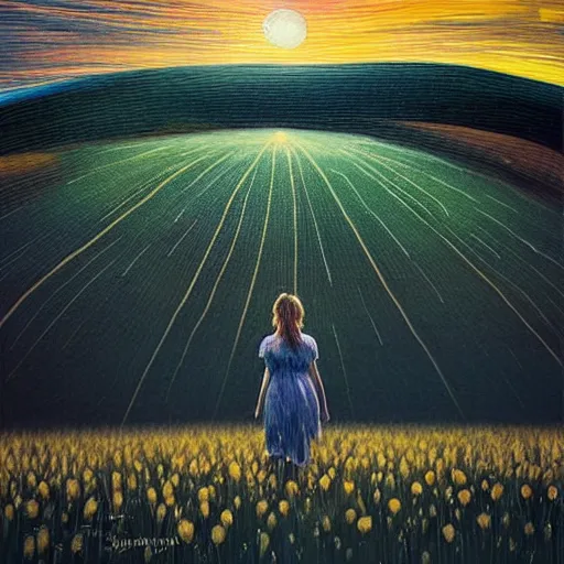 Prompt: giant daisy flower as a head, girl walking in wheat field, hills, surreal photography, moon light, dark night, star trails, dramatic light, impressionist painting, clouds, digital painting, artstation, simon stalenhag