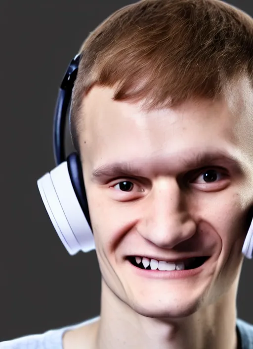 Prompt: beautiful smiling face, perfect symmetric face, coherent eyes, medium shot. vitalik buterin in headphones. vitalik buterin, medium shot, pixar style, high detail, very sharp, 4 k