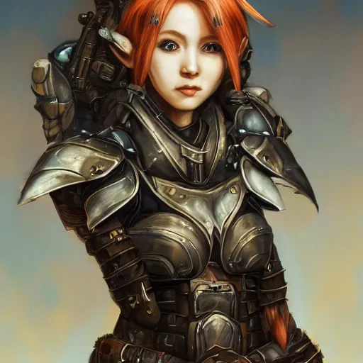 Image similar to portrait of a female elf orc by ayami kojima, she is about 2 0 years old, american pretty, copper hair, annoying but friendly, she is wearing a modern tactical gear, scifi, highly detailed portrait, digital painting, artstation, concept art, smooth, sharp foccus ilustration, artstation hq