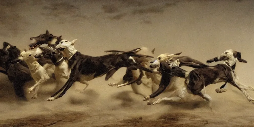 Prompt: white greyhounds running in the night dessert, by john charles dollman and nicola samori, highly detailed, realistic. dark atmosphere