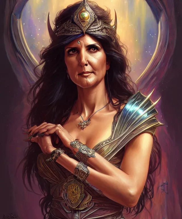 Image similar to Nikki Haley as a fantasy magic woman portrait, sci-fi, amber eyes, face, long hair, fantasy, intricate, elegant, highly detailed, digital painting, artstation, concept art, smooth, sharp focus, illustration, art by artgerm and greg rutkowski and alphonse mucha