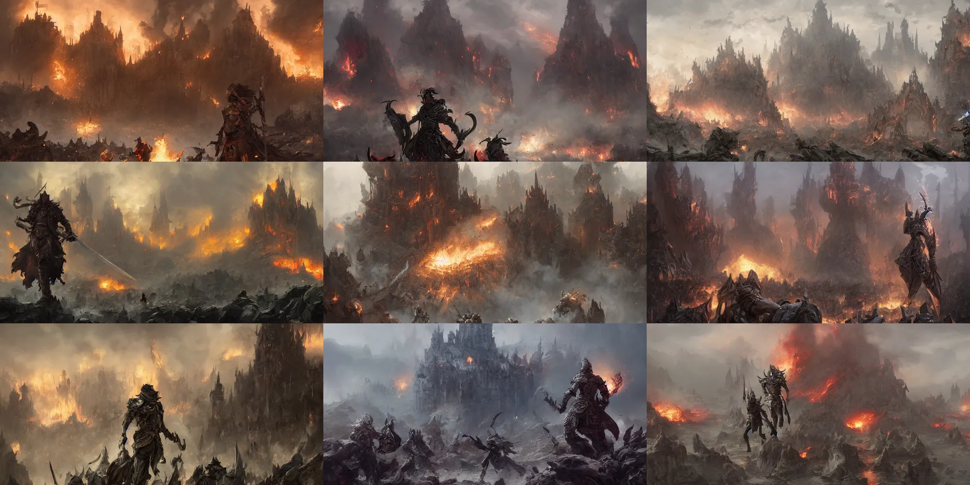 Prompt: male warrior silver armor, sword, fantasy, piles of bodies, fire, smoke clouds, particles, village castle on fire in distance, digital illustration, extreme long shot, ruan jia, greg rutkowski, raphael lacoste, wlop, yuumei, marc simonetti, artgerm, tom bagshaw