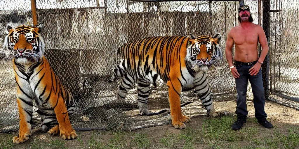 Image similar to joe exotic the tiger king standing in front of a tiger cage, tigers