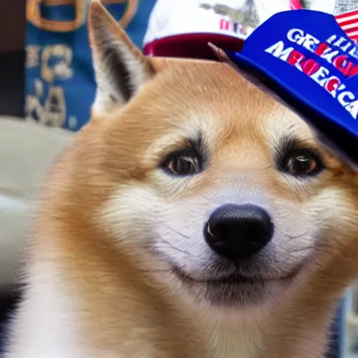 Image similar to doge wearing a make america great again cap, realistic, 8 k,