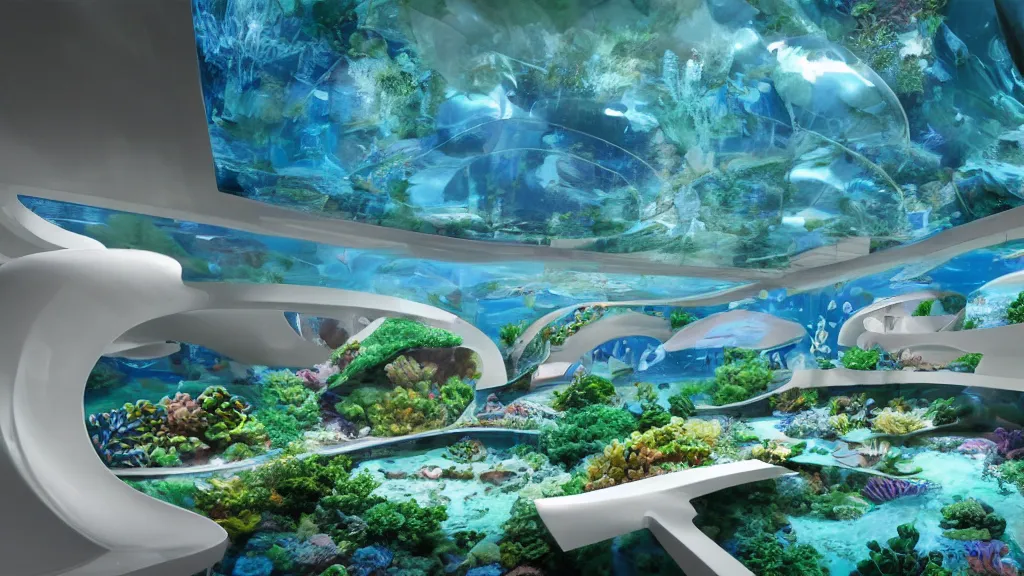 Prompt: a wide angle, utopian dreamy retrofuturistic aquarium observation room, wabi - sabi, white smooth glossy plastic walls, windows to underwater aquatic views, by vincent callebaut and james jean and nikita replyanski and mark ryden, vray render 4 k