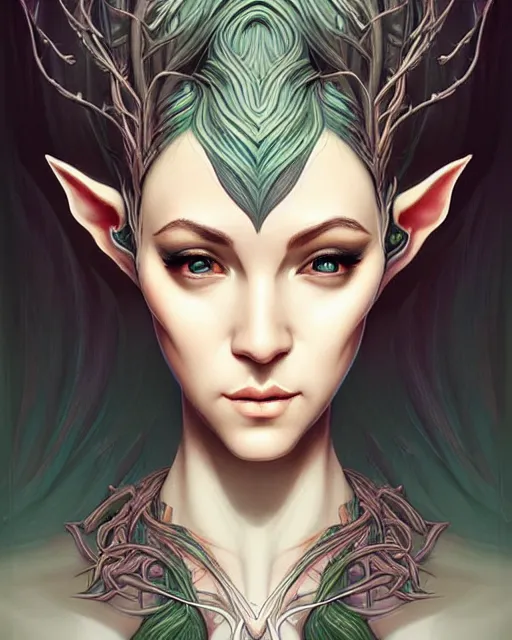 Image similar to digital art, centered portrait elven with short hair, face made with intricate roots, by james jean and by artgerm, by ross tran, ultradetailed, charachter design, concept art, trending on artstation,