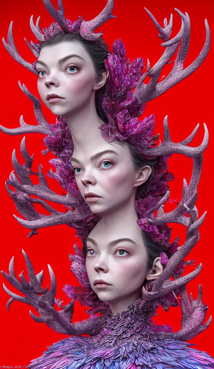 Image similar to hyper detailed 3d render like a Oil painting - kawaii portrait Aurora (a beautiful skeksis queen from dark crystal that looks like Anya Taylor-Joy with hooves and antlers) seen red carpet photoshoot in UVIVF posing in scaly dress to Eat of the Strangling network of yellowcake aerochrome and milky Fruit and His delicate Hands hold of gossamer polyp blossoms bring iridescent fungal flowers whose spores black the foolish stars by Jacek Yerka, Ilya Kuvshinov, Mariusz Lewandowski, Houdini algorithmic generative render, Abstract brush strokes, Masterpiece, Edward Hopper and James Gilleard, Zdzislaw Beksinski, Mark Ryden, Wolfgang Lettl, hints of Yayoi Kasuma, octane render, 8k