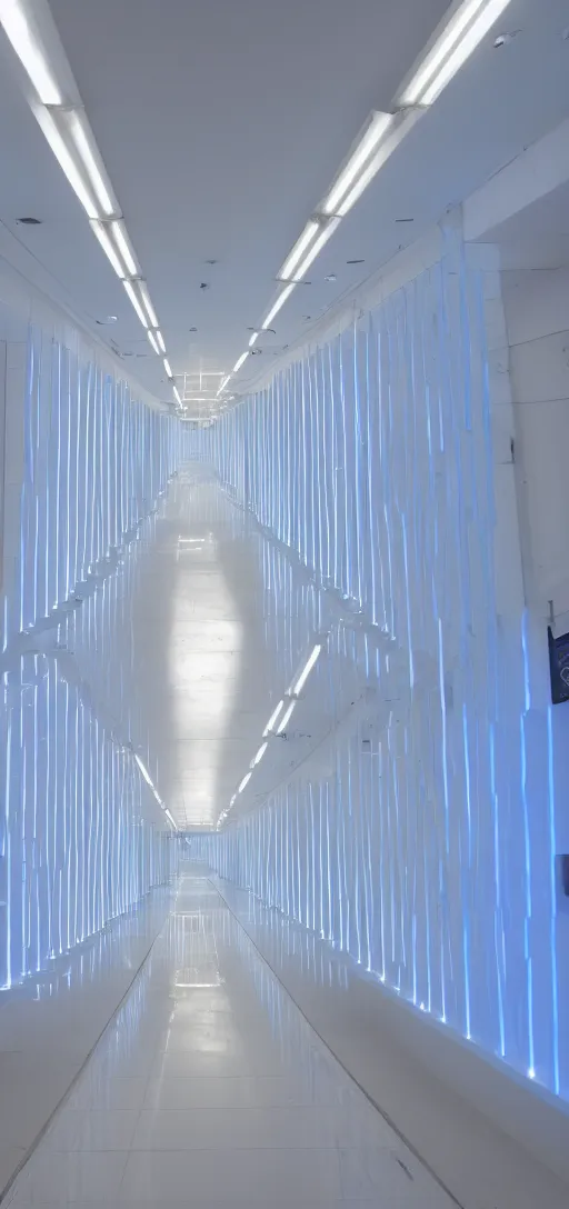 Image similar to an infinite white hallway with white pipes and blue screens on its walls