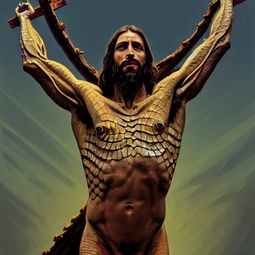 Image similar to dynamic action pose, portrait of jesus christ as a scaly cold blooded reptilian lizard crucified, intricate, lizard head, lizard head, humorous, holy cross, religious, absurd, highly detailed, digital painting, artstation, concept art, smooth, sharp focus, illustration, art by artgerm and greg rutkowski and alphonse mucha