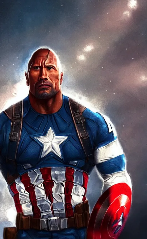 Image similar to dwayne johnson as captain america, dynamic lighting, cinematic, ultra detailed, trending on art station, stunning visuals, creative, fantasy concept art