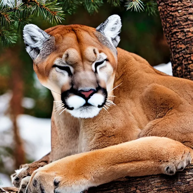 Prompt: magazine page showing 'a cougar sleeping in the middle of snowy pine tree' laying on coffee table, zoomed out shot, HD