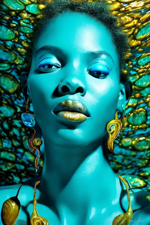 Image similar to hyperrealistic wide shot of very expressive! translucent!! african goddess, cinematic underwater scene with fish and algae, gold jewerly, highly detailed face, digital art masterpiece, eric zener cam de leon, dramatic pearlescent turquoise light on one side, low angle uhd 8 k, shallow depth of field