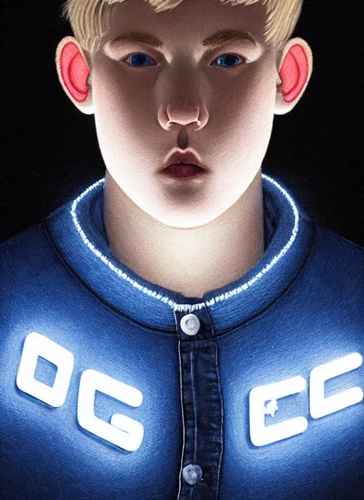 Image similar to portrait of high school senior boy named big moose, blonde short hair, jock, beefy, wide face, square jaw, square facial structure, blue varsity jacket with letter r, intricate, elegant, glowing lights, highly detailed, digital painting, artstation, concept art, sharp focus, illustration, art by wlop, mars ravelo and greg rutkowski