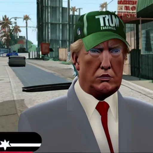 Prompt: donald trump in gta san andreas, grove street, in game screenshot