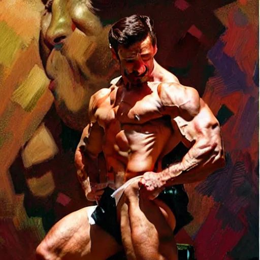 Image similar to muscular hugh jackman performs on broadway, painting by gaston bussiere, craig mullins, j. c. leyendecker, tom of finland