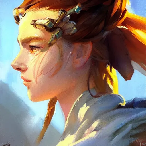 Image similar to greg manchess portrait painting of a aloy as overwatch character, medium shot, asymmetrical, profile picture, organic painting, sunny day, matte painting, bold shapes, hard edges, street art, trending on artstation, by huang guangjian and gil elvgren and sachin teng