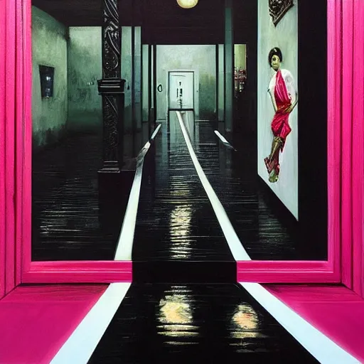 Image similar to diego dayer, alex gross, hyperrealistic surrealism, award winning masterpiece with incredible details, a surreal vaporwave painting of bright pink door leading to nowhere, mirrors everywhere, highly detailed, hallway with black and white checkered floor, intricate, elegant