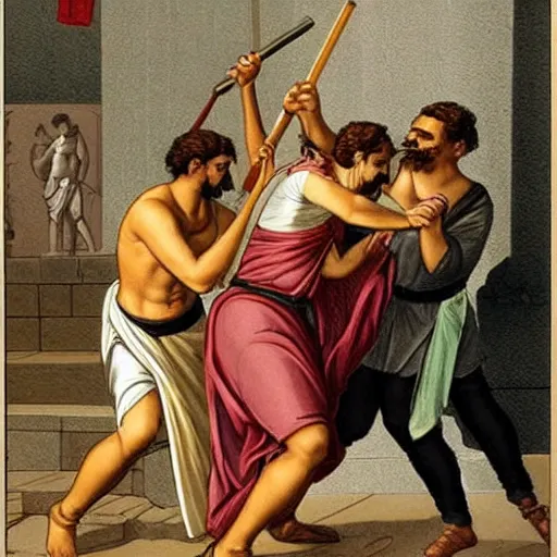 Prompt: ancient greek people fight against office managers