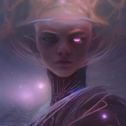 Image similar to it isn't all bad. darkness is where the stars are, set in the future 2 1 5 0, highly detailed face, very intricate, symmetrical, cinematic lighting, award - winning epic painting, painted by mandy jurgens, pan futurism, dystopian, bold colors, dark vibes, cyberpunk, groovy vibe, wispy smoke, anime aesthetic, featured on artstation