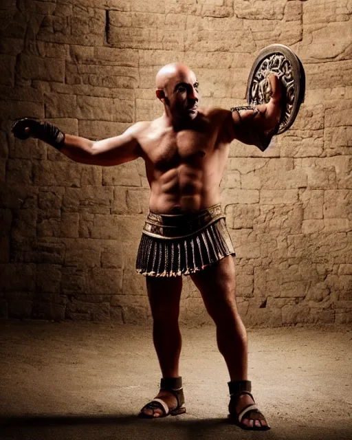 Prompt: high quality photo of joe rogan as a gladiator in the roman colliseum, ornate, masterpiece, cinematic composition, studio lighting,