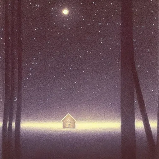 Image similar to painting by by Quint Buchholz, atmospheric cozy futuristic organic white concrete house in the middle of a lush and dense forest at night, a beautiful lake next to it, night time, night sky, starry night sky, by Quint Buchholz