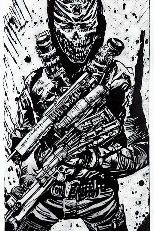 Image similar to a paranormal soldier, ouija tattoo on face, emp weapons strapped in shoulders, horror sci - fi black and white, art by kevin eastman