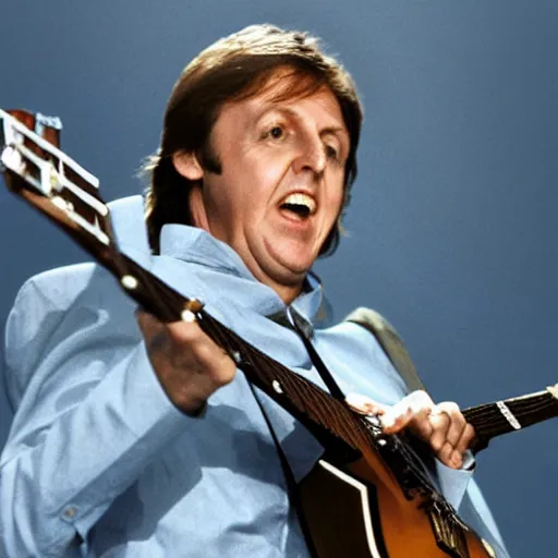 Image similar to Paul McCartney playing an insect beetle guitar, 8k, high definition, highly detailed, photo-realistic