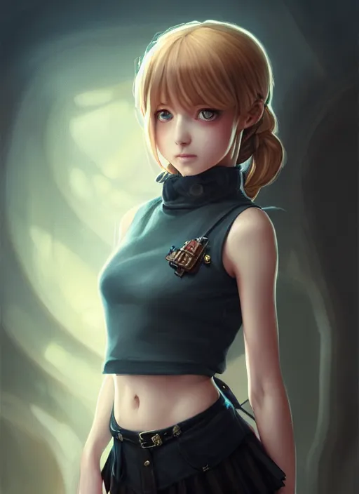 Image similar to portrait of a full body of beautiful young female detective, d & d, sleeveless turtleneck, fantasy, flat lighting, intricate, highly detailed, digital painting, artstation, concept art, smooth, sharp focus, illustration, misa amane, art by simon bisley and greg rutkowski and alphonse mucha, natural tpose