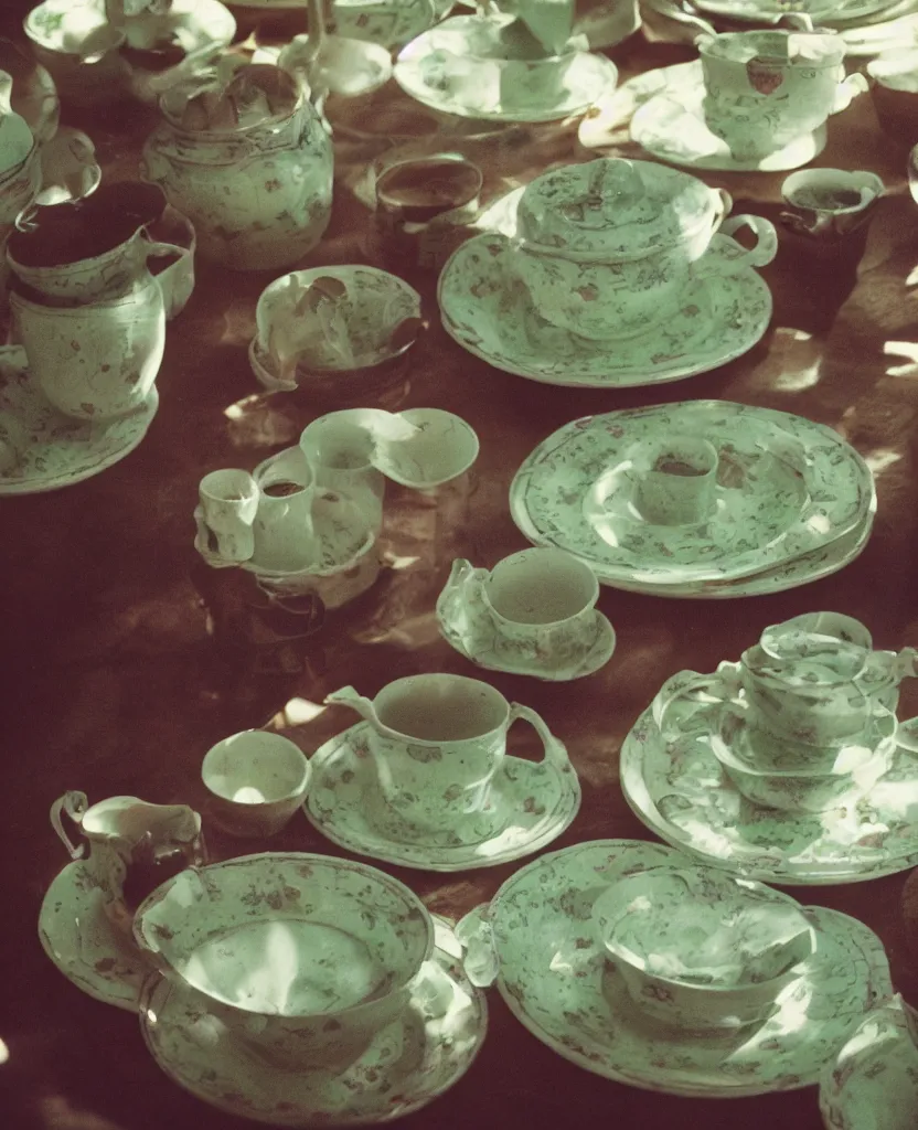 Prompt: spinning plates and saucers about 12 green aliens all playing bingo tea time morning light photo 35mm
