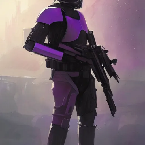 Image similar to star wars concept art by greg rutkowski, a soldier of the galactic dominion wearing purple tactical gear, highly detailed portrait, digital painting, artstation, concept art, smooth, sharp foccus ilustration, artstation hq