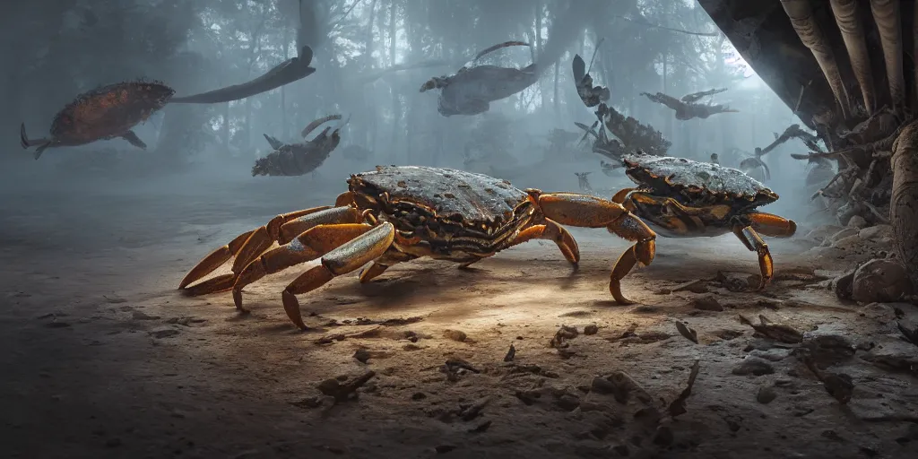 Image similar to crab Museum, superwide angle, light through the mist, dramatic lighting, photorealistic, cinematic lighting, high detail, cinematic feel, high octane, 4K, Unreal Engine, digital render, intricate, ultra realistic