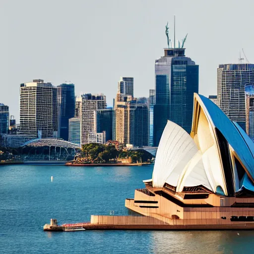 Image similar to a photo of the sydney opera house and the statue of liberty standing next to each other, high quality, 4 k, handheld, photorealistic