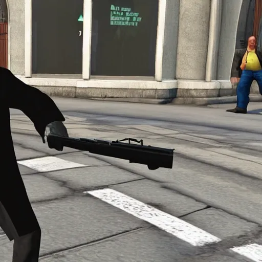 Image similar to harry potter robbing a bank, holding rifle in style of gta v grand theft auto