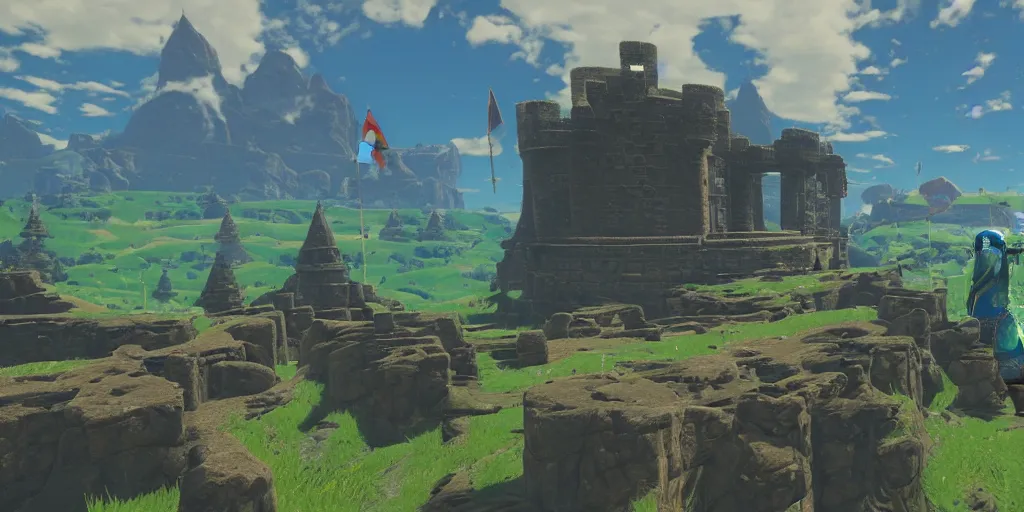 Prompt: first person perspective establishing shot of Hyrule Castle from legend of zelda breath of the wild, rendered in Unreal Engine:1|photorealistic, cinematic:0.9|Octane, finalRender:0.8|devfiantArt, artstation, artstation HQ, behance, HD, 16k resolution:0.6|people, faces, humans:-1