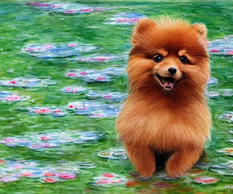 Prompt: brown pomeranian, cute, monet, water painting