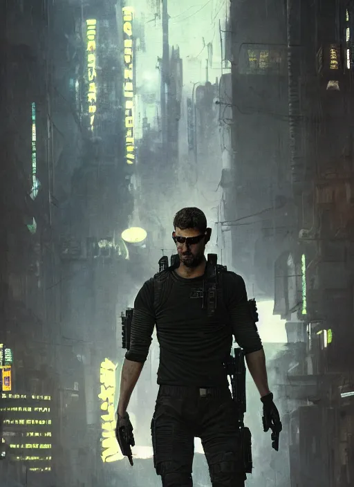 Image similar to sam fisher. cyberpunk mercenary in a military vest ( blade runner 2 0 4 9, cyberpunk 2 0 7 7 ). orientalist portrait by john william waterhouse and james gurney and theodore ralli and nasreddine dinet, oil on canvas. cinematic, hyper realism, realistic proportions, dramatic lighting, high detail 4 k