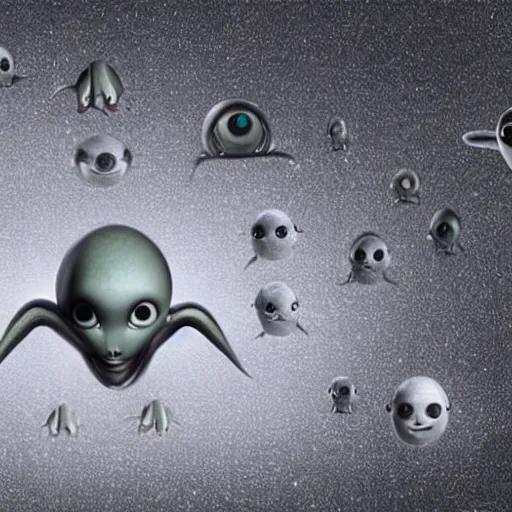 Image similar to grey aliens with large eyes watching over an enslaved humanity