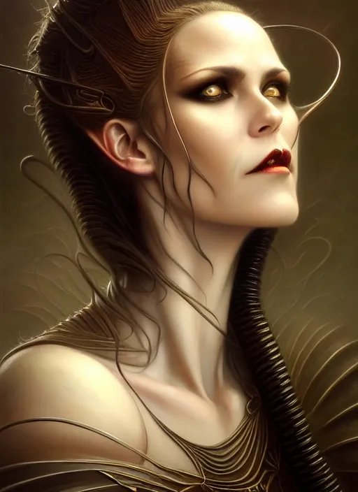 Prompt: portrait shot of a female vampire, intricate, elegant, highly detailed, centered, digital painting, artstation, concept art, smooth, sharp focus, illustration, artgerm, tomasz alen kopera, peter mohrbacher, donato giancola, joseph christian leyendecker, wlop, boris vallejo