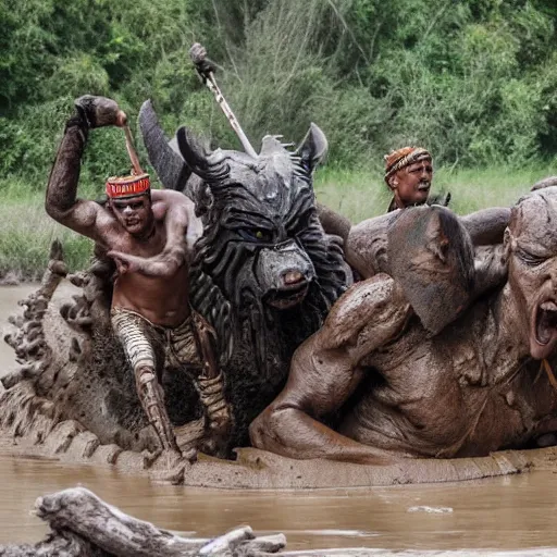 Image similar to tribal warriors fighting off a giant creature made of mud near a river,