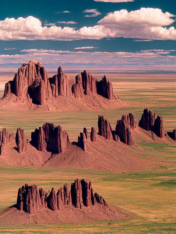 Prompt: photo of shiprock, hogback ridge, high aerial view, the foreground is brightly lit by sun, and the background clouds are dark and foreboding. kodak portra 4 0 0