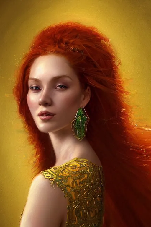 Image similar to Highly detailed painting of a beautiful young woman with long red hair by Craig Mullins and Ross Tran, subtle smile, wearing a fancy dress, Golden fabric Background, Golden thread, intricate patterns, Emerald Earrings, ambient lighting, Trending on artstation, pinterest, cgsociety, 4k, 8k, HDR, award winning, unreal engine