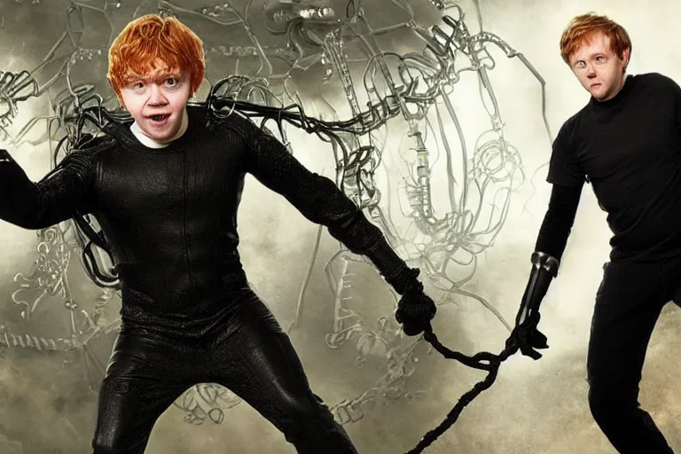 Prompt: Rupert Grint as Doc Ock, Multiple long menacing metal clawed arms from his back, intimidating stance