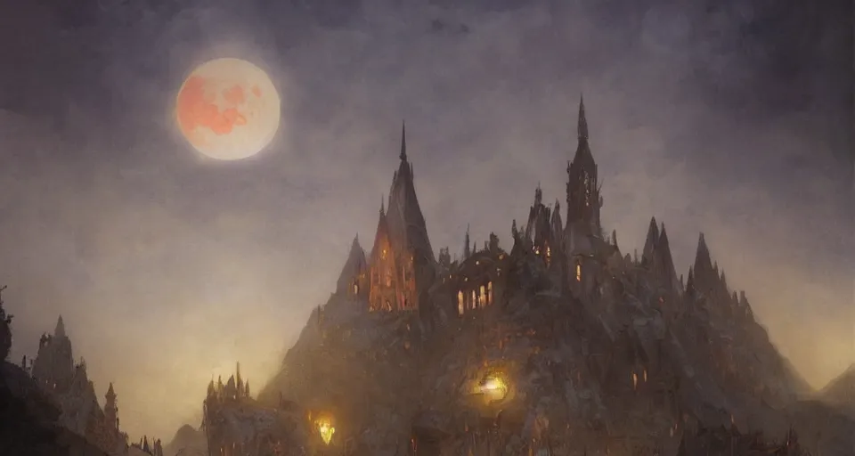 Prompt: an old castle rising up from the mist at night silhouetted by a single huge bloodmoon, anders zorn, stephen hickman, thomas kincade, brutalist, James Paick, Julian Falat, ultra realistic, trending on artstation, lava, dungeons and dragons, warm saturated colors, spooky, haunted