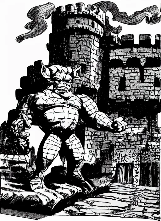 Prompt: detailed children's comic book drawing of a ( cute ogre ) looking at a ( stronghold castle ) by jack kirby!!! and gris grimly, cinematic, epic, awesome bright color palette, hard contrast, black ink outlines