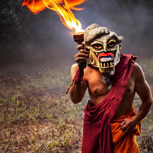 Image similar to an aztec monk with a monster mask is holding mushrooms in one hand, fire as the light source, close-up photography, dramatic scene