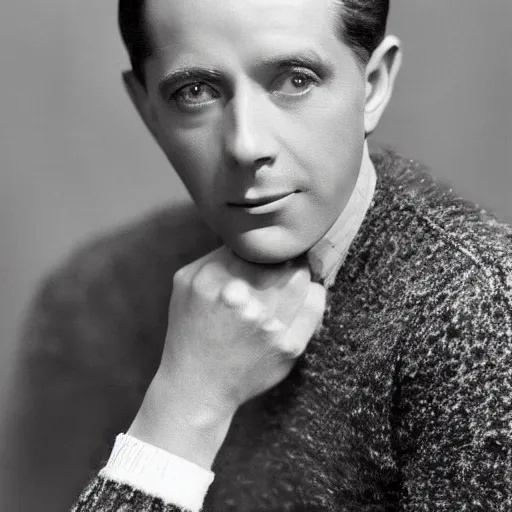 Prompt: a black and white photo of a man in a sweater, a colorized photo by george bogart, tumblr, art deco, handsome, 1 9 2 0 s, studio portrait